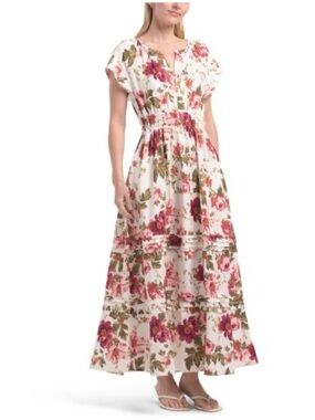 Laura Ashley Linen Blend Floral Tiered Maxi Dress - White with Pink Bloom